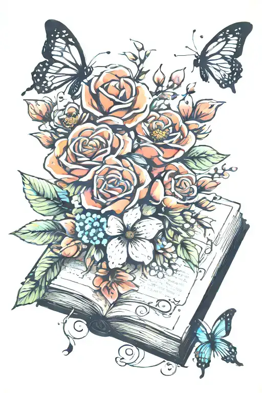 Bouquet Of Flowers Growing Out Of A Book With Butterfly