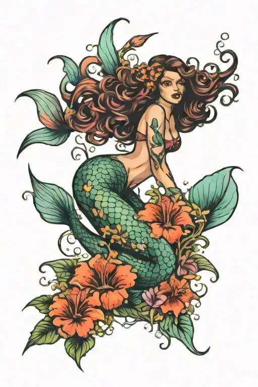 Mermaid Diving Towards Hibiscus Flowers And Sea Life