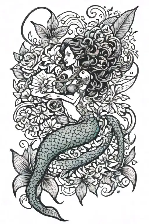 Mermaid Diving With Hibiscus Flowers And Sea Life Around Her
