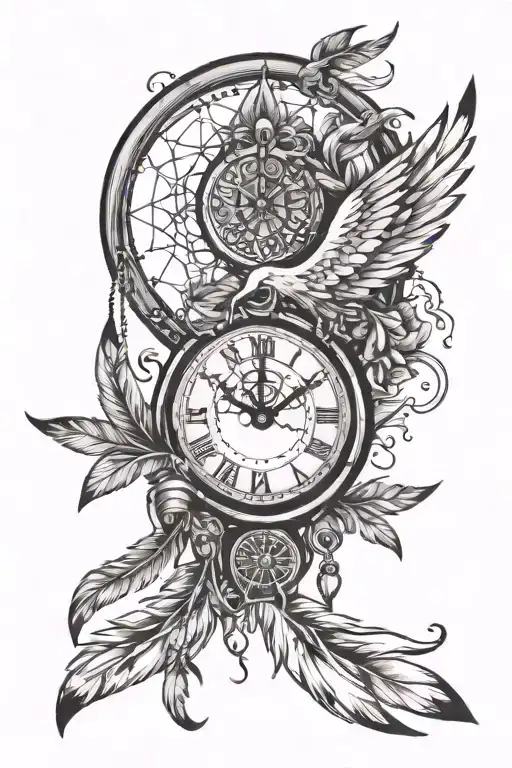 Clock And Dream Catcher With Wings Holding