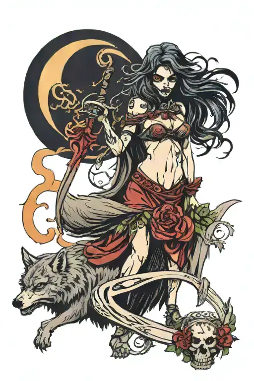 Wolf Woman Alongside Grim Reaper With Scythe