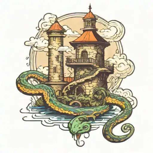 A River Coming Out Of The Tower And Is Turning Into A Snake