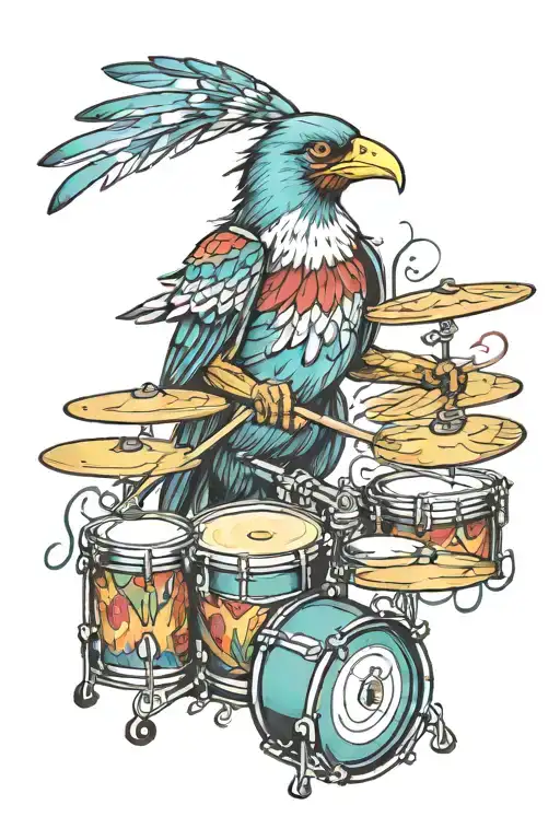A Colorful Tattoo Of A Bird Playing The Drums