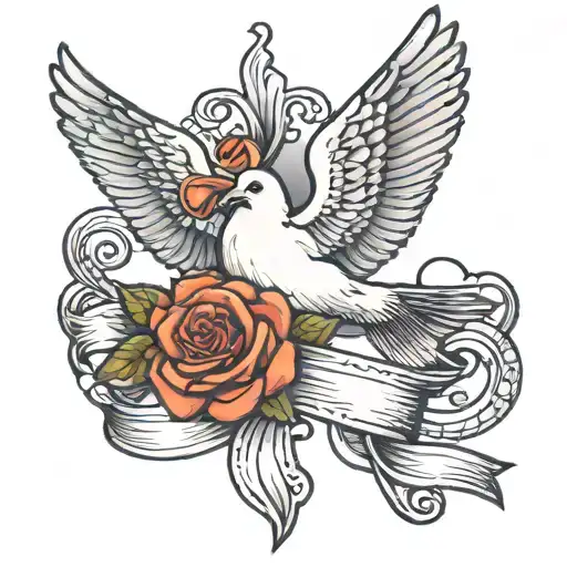 Dove With Clouds Around It Holding A Ribbon And A Rose