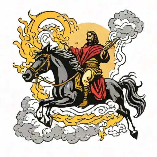 Jesus Christ Coming Down From The Heavens Riding A Horse On Fire
