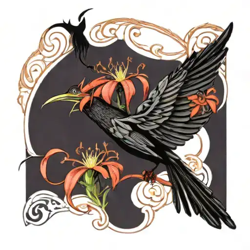 Red Spider Lily With A Crow Flying