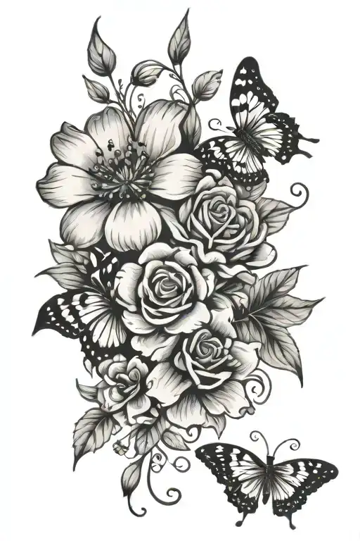 Black And Grey Flowers And Butterflies