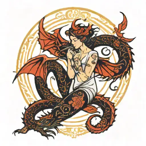 The Zodiac Sign Virgo Is Black And A Red Dragon Is Entwined Around Her