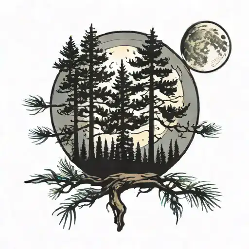 Full Moon With Two Pine Trees Background Looking
