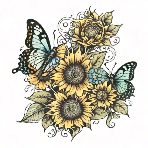 Sunflower And Butterflies Surrounding
