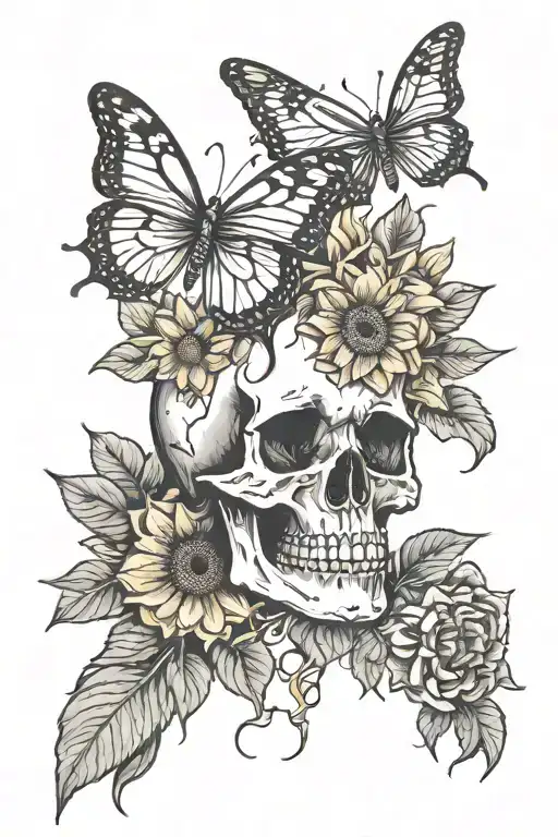 Skull Sunflower Blooming With Butterfly Perched