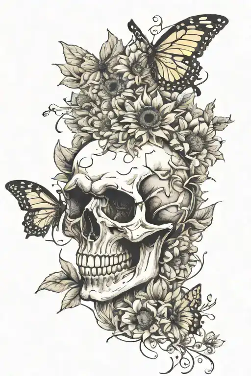 Skull Surrounded With Sunflowers And Butterfly's All Together