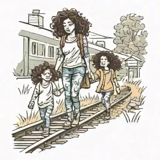 A Mom And Daughter Walking Down The Train Track Daughter Has Curly Hair