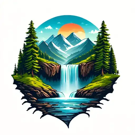 Waterfall With World Wood With Forest And Mountains