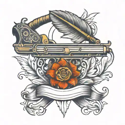 A Quill Pen Intertwined With A Semi-automatic Gun