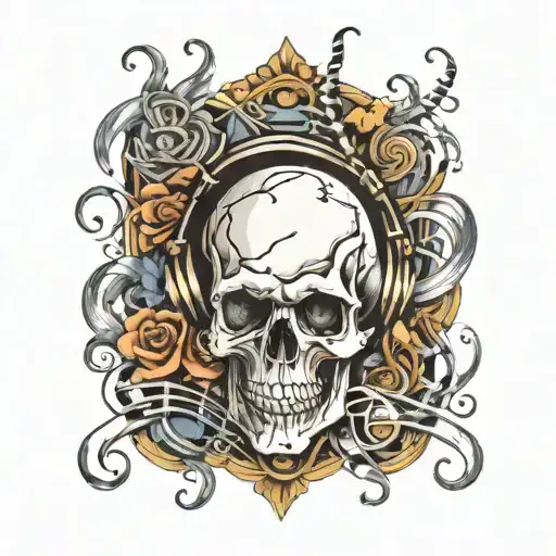 Skull Surrounded My Music Notes Flowing