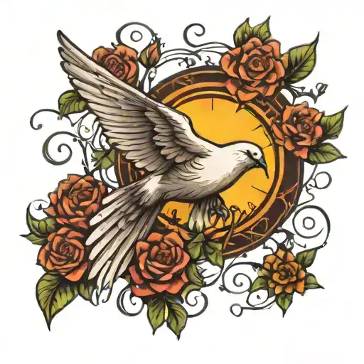 A Sun Behind A Dove With Some Flowers Under As A Sleeve