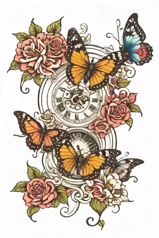 Butterflies With A Broken Clock And Roses Growing