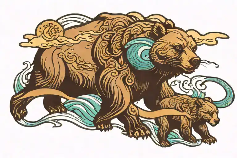 California Bear And Whale With Mountain And Ocean Waves Forming With California State Emblem