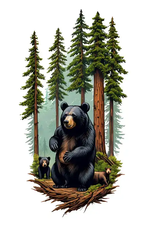 Black Bear With Two Cubs With Redwood Trees
