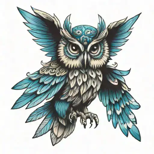 Owl With Open Wings And Blue Eyes