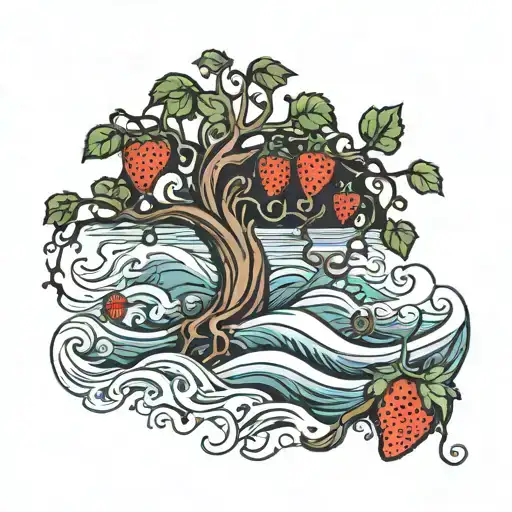 Dark Waves And Strawberry Dead Tree With Creeping Vines