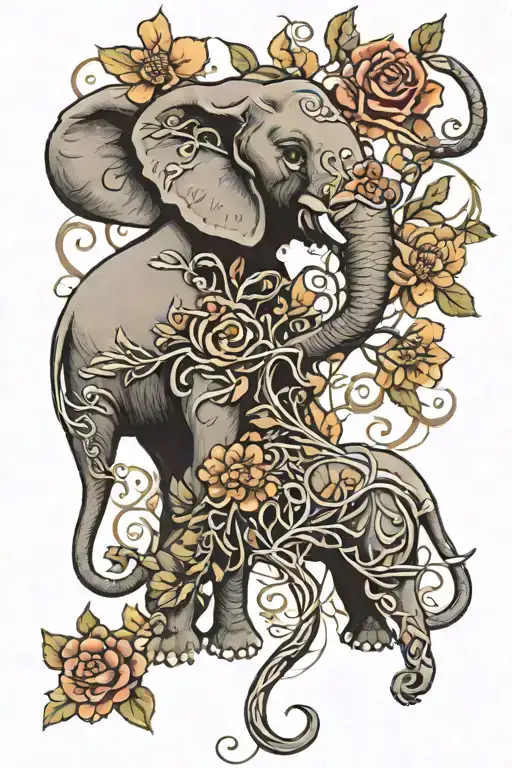 Elephant And Lion With Flowers Intertwined And Vines