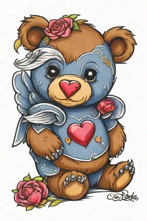 Create A Colourful Tattoo Design Of A Teddy Bear With Angel Wings And A Heart Gem