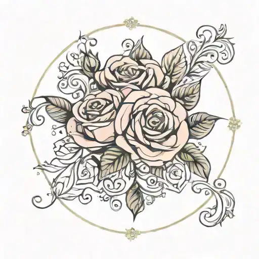 Circle Border Of Roses Around A Center Flourish Design