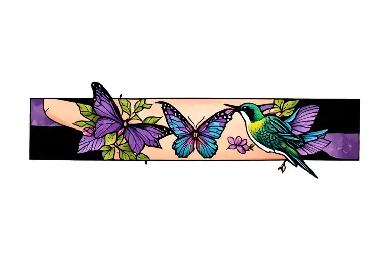 Lower Leg Purple Morning Vine Tattoo With Utah Butterfly And Hummingbird