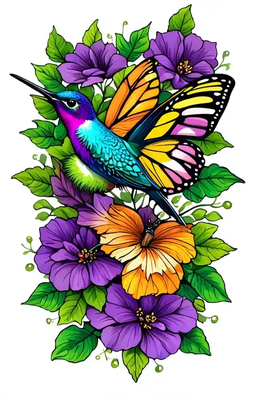 Lower Leg Purple Morning Vine Tattoo With Utah Butterfly And Hummingbird