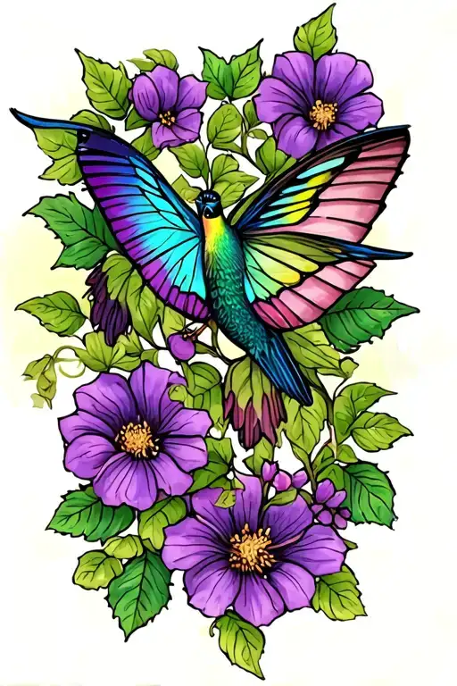 Lower Leg Purple Morning Vine Tattoo With Utah Butterfly And Hummingbird
