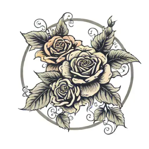 Circle Ring Of Several Small Roses Around A Center Flourish Design