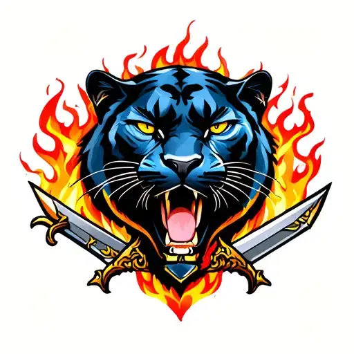 Traditional Panther With Dagger And Flames
