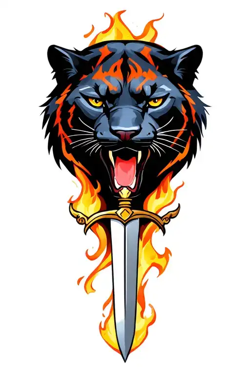 Traditional Panther With Dagger And Flames