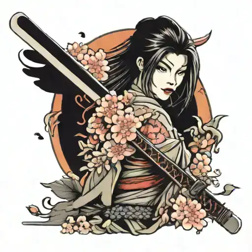 Katana With Flowers And Japanese Building