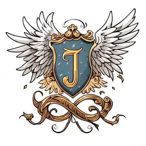 Shield With The Letters J Old English Font Inside With Angel Wings Form The Back