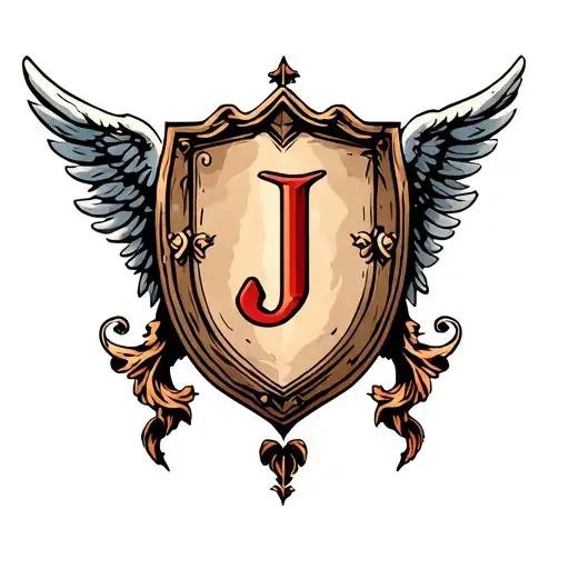 Shield With The Letters J Old English Font Inside With Angel Wings Form The Back More Medieval