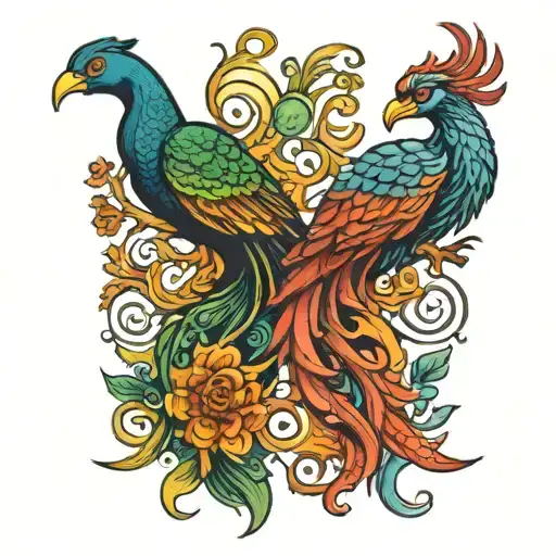 A Color Tattoo Of A Phoenix And Peacock Intertwined