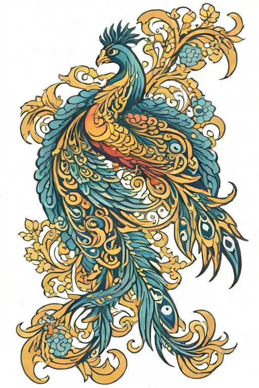 A Color Tattoo Of A Phoenix And Peacock Intertwined