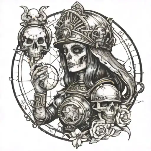 Girl With A Globe In Her Hand And A Skull With A Medievale Helmet