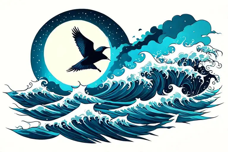Waning Moon With Waves And Bird Flying
