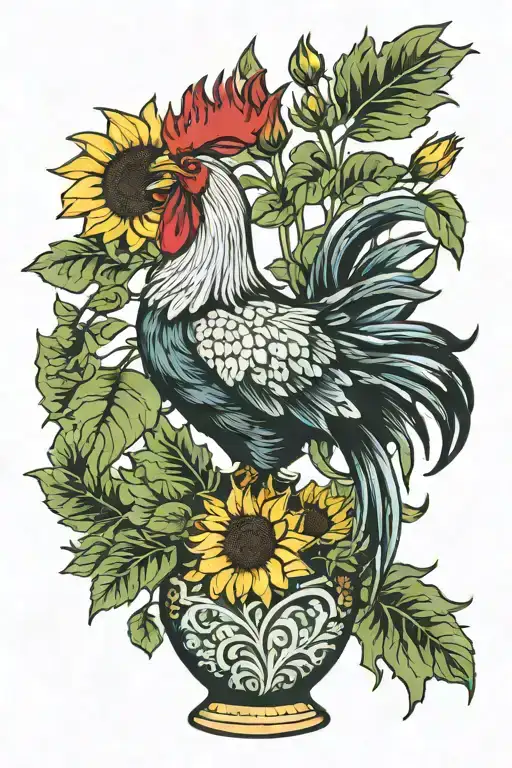 Rooster Vase With Sunflowers Long Greens Stems In It