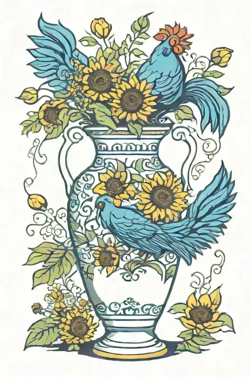 Blue Rooster Vase With Sunflowers Long Greens Stems In It