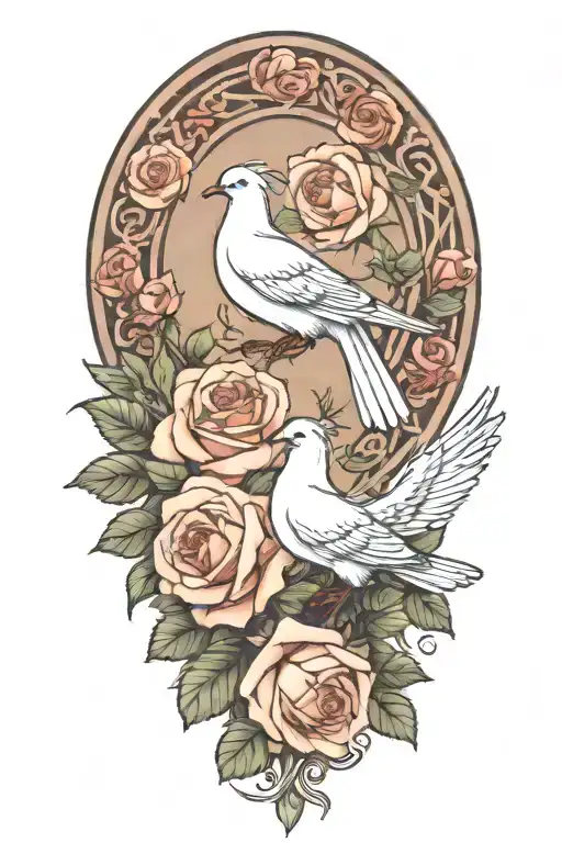 Wreath Of Roses And One Seated Dove Perched