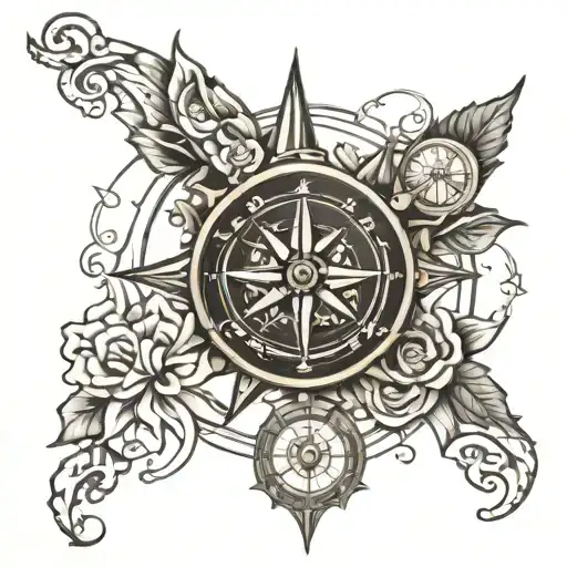 Compass Rose And Clock On Map