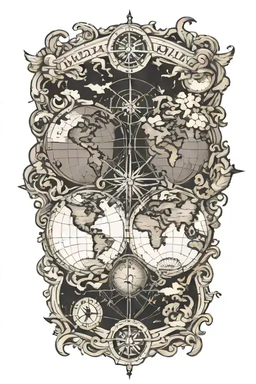World Map With Compass Rose Intertwined