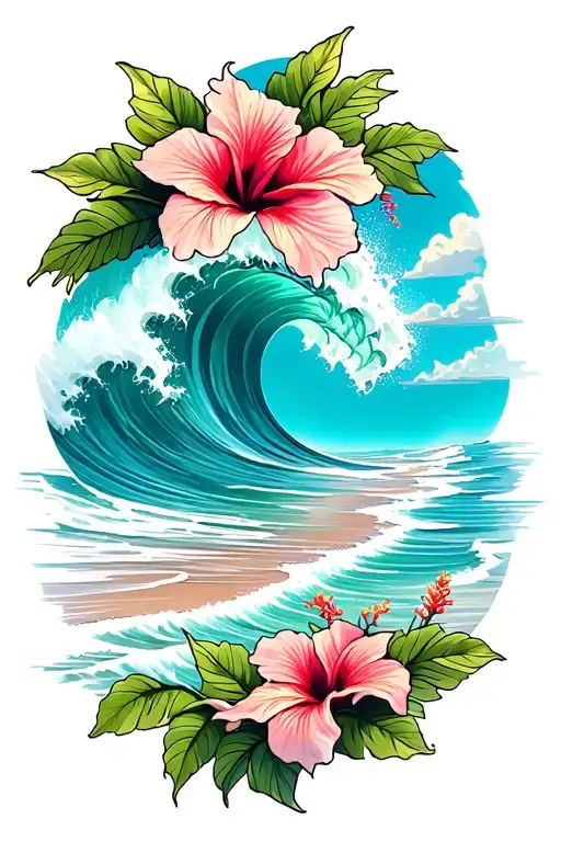 Ocean Waves Crashing On The Beach And Hibiscus Flowers On The Bottom