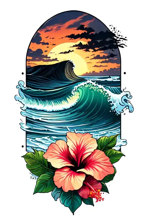 Ocean Waves Crashing On The Beach And Hibiscus Flowers On The Bottom