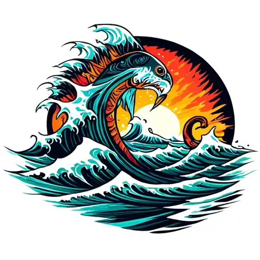 Ocean Waves Crashing On The Beach With Makau Tribal Hook Background